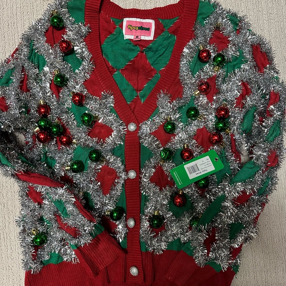 Tipsy Elves tacky tinsel cardigan, women’s size XL.